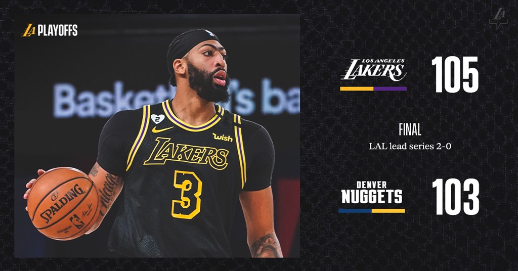 NBA湖人20日對金塊在末節遭逆轉,所幸戴維斯在球隊落後1分之際飆進壓哨的關鍵三分球,助湖人在西區冠軍賽拿下2連勝。(圖取自twitter.com/Lakers)