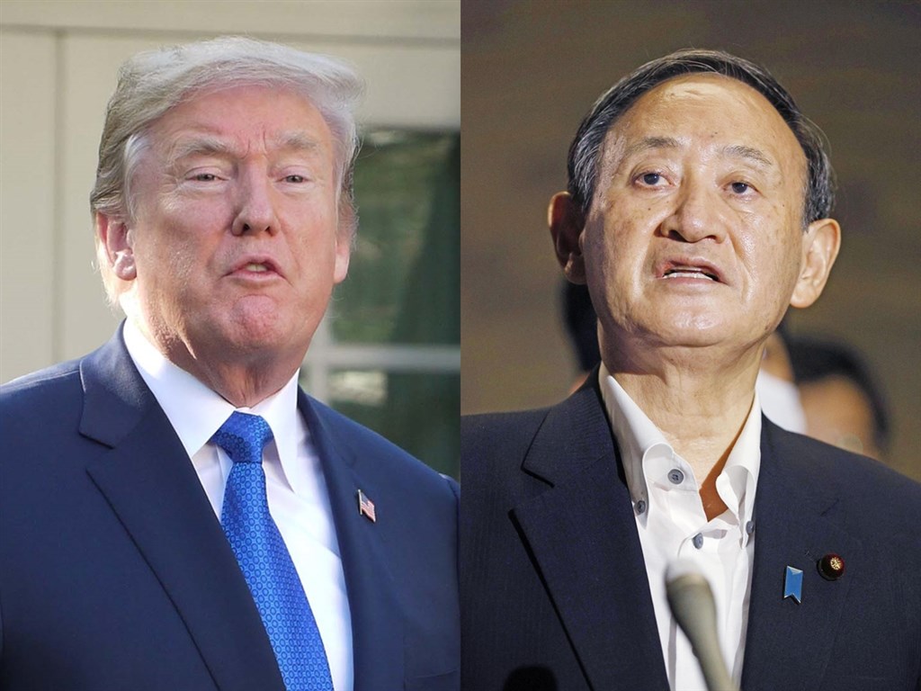 美國總統川普(左)20日與日本新首相菅義偉(右)通電話,討論追求「自由開放的印度洋-太平洋地區」共同願景的重要性。(左圖中央社檔案照片,右圖共同社提供)