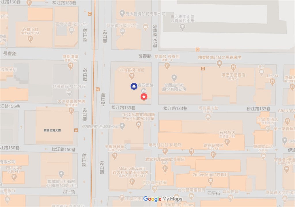 老字號的「六福客棧」(藍標處)預計2021年首季啟動危老重建,後方香火鼎盛的「長春四面佛」(紅標處)會暫移到附近位址。(圖取自Google地圖網頁google.com/maps)