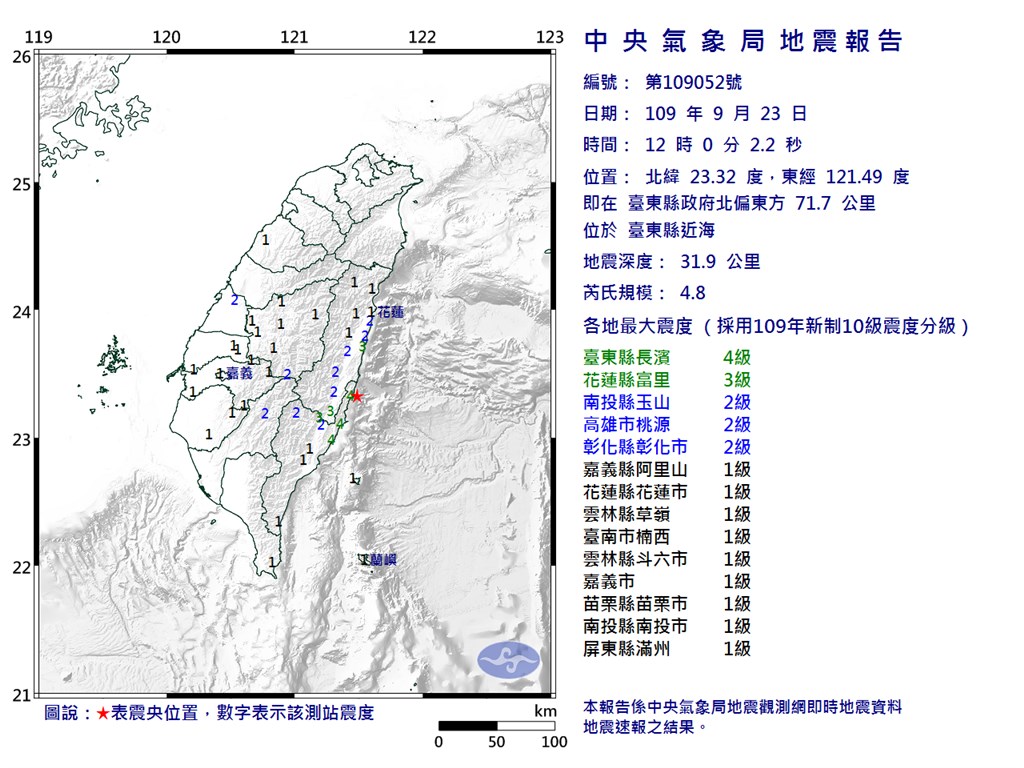 台東縣近海(星號處)23日中午12時發生芮氏規模4.8地震,地震深度31.9公里。(圖取自中央氣象局網頁cwb.gov.tw)