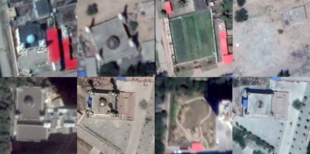 澳洲戰略政策研究所25日指出,中國當局近年來在新疆拆除或破壞約1萬6000座清真寺。圖為其中4間清真寺衛星照片,左邊4格是2012至2016年間,右邊4格是2018年的,明顯看出有3座清真寺被拆除,1間則是圓頂被拆。(圖取自澳洲戰略政策研究所網頁xjdp.aspi.org.au)