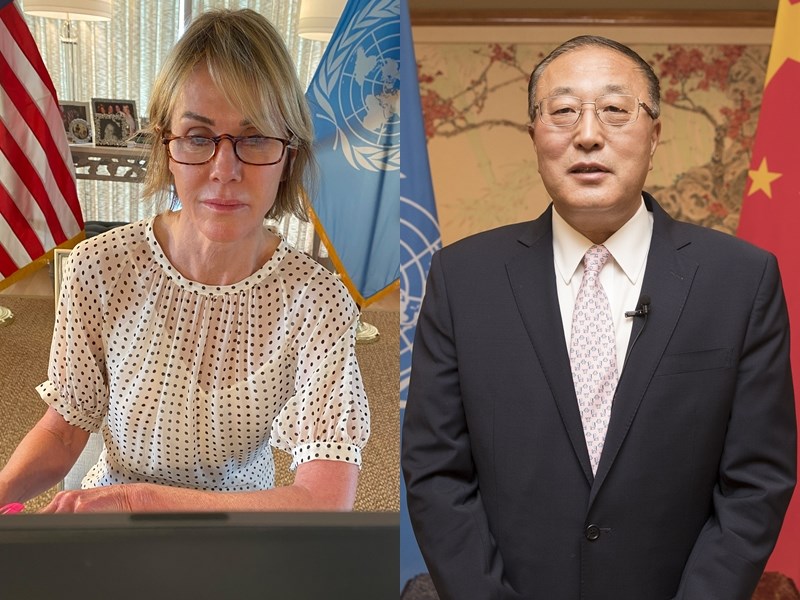 美國和中國24日在聯合國安全理事會視訊會議上再度針鋒相對,美國駐聯合國大使克拉夫特(左)批北京隱瞞疫情,中國常駐聯合國代表張軍(右)隨即怒喊「夠了」。(左圖取自twitter.com/USAmbUN、右圖中新社)