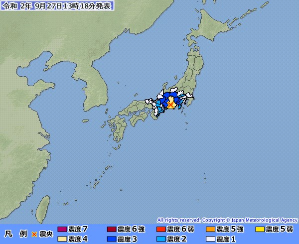 日本靜岡縣27日發生規模5.3地震,震央位於靜岡縣西部(紅標處)。(圖取自日本氣象廳網頁jma.go.jp)