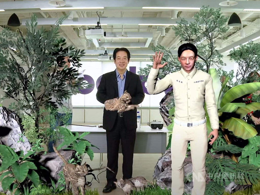 副總統賴清德參訪影音平台Yahoo TV,體驗運用虛擬網紅系統、AR(擴增實境)異地共演等XR(延展實境)新技術創造出的高中版賴清德虛擬分身。(Yahoo TV 提供)中央社記者吳家豪傳真 109年9月28日