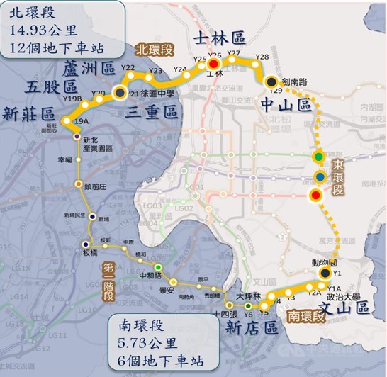 環狀線南北環段路線範圍涵蓋北市士林區、中山區、文山區及新北市新莊區、五股區、三重區、蘆洲區、新店區,以地下方式興建。(圖取自台北市政府捷運工程局dorts.gov.taipe)