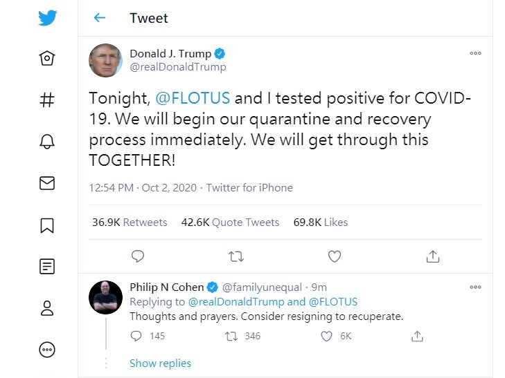 美國總統川普1日推文證實自己確診罹患武漢肺炎。(圖取自twitter.com/realDonaldTrump)