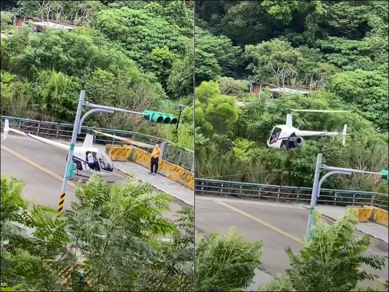 民眾9月13日目擊R22型直升機降落在新北市淡水區新市一路與義山路口,並有載人起飛等情形。(圖取自YouTube網頁youtube.com)