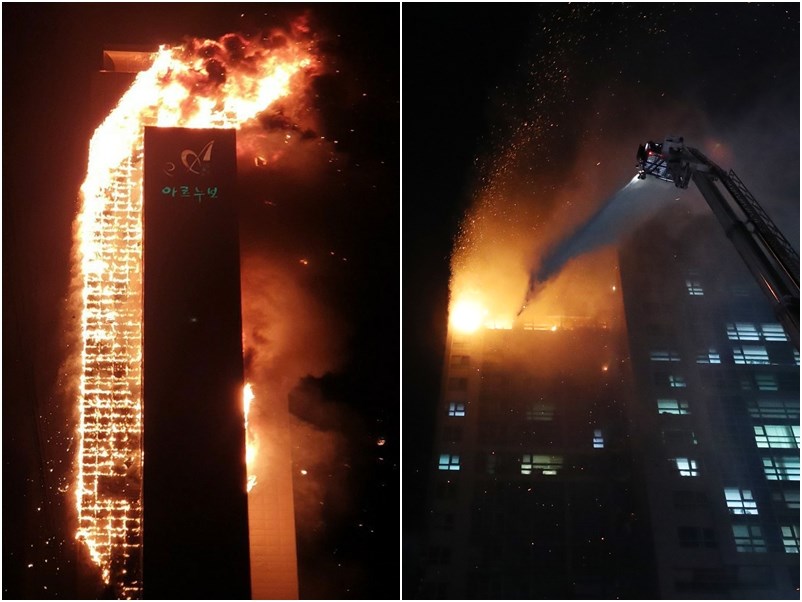 韓國南部蔚山市一棟33層樓高大樓8日深夜發生大火,火勢蔓延整棟大樓,形成一根巨型火柱。(韓聯社)