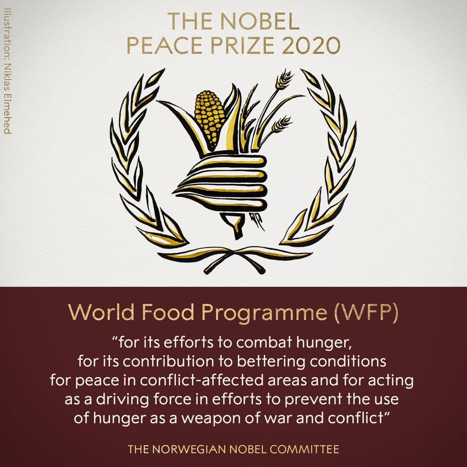 2020年諾貝爾和平獎9日揭曉，由世界糧食計劃署獲殊榮。（圖取自facebook.com/nobelprize）