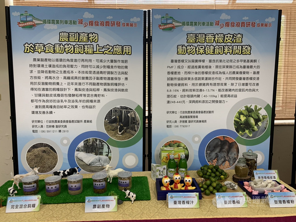 農委會畜試所16日在台南舉辦減少糧食浪費研發成果發表會,畜試所長黃振芳指出,這次發表技術是將農業生產過程或食用後的剩餘資材,如鳳梨皮、甘藷格外品、芒果仁、香檬皮渣、家禽油脂與豬內臟等,進行減量減廢與加值利用。中央社記者張榮祥台南攝 109年10月16日