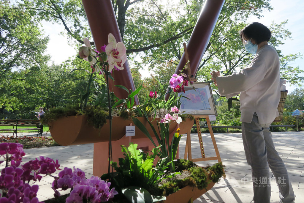 第7屆「台灣:蘭花世界」特展在紐約皇后區植物園舉行,為配合防疫規定,園方要求訪客配戴口罩並保持社交距離。圖為15日開幕酒會拍攝。中央社記者尹俊傑紐約攝 109年10月16日