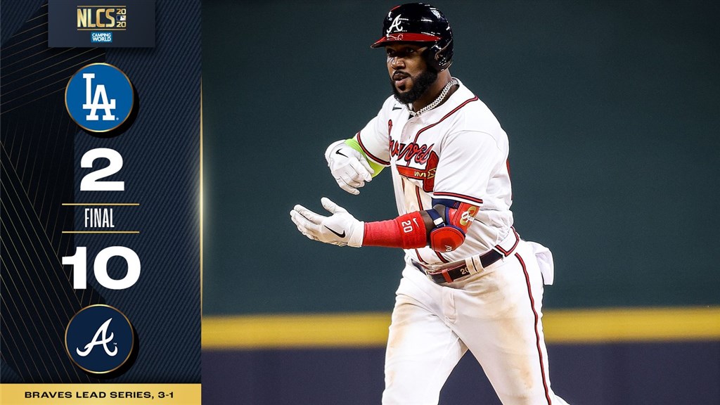 MLB勇士15日棒打道奇王牌左投柯蕭,並靠6局下攻下6分的大局奠定勝基,最終10比2獲勝,在國聯冠軍賽取得3勝1負「聽牌」。其中,歐蘇納(圖)5打數4安打,有4分打點進帳,是勇士贏球一大功臣。(圖取自twitter.com/MLB)
