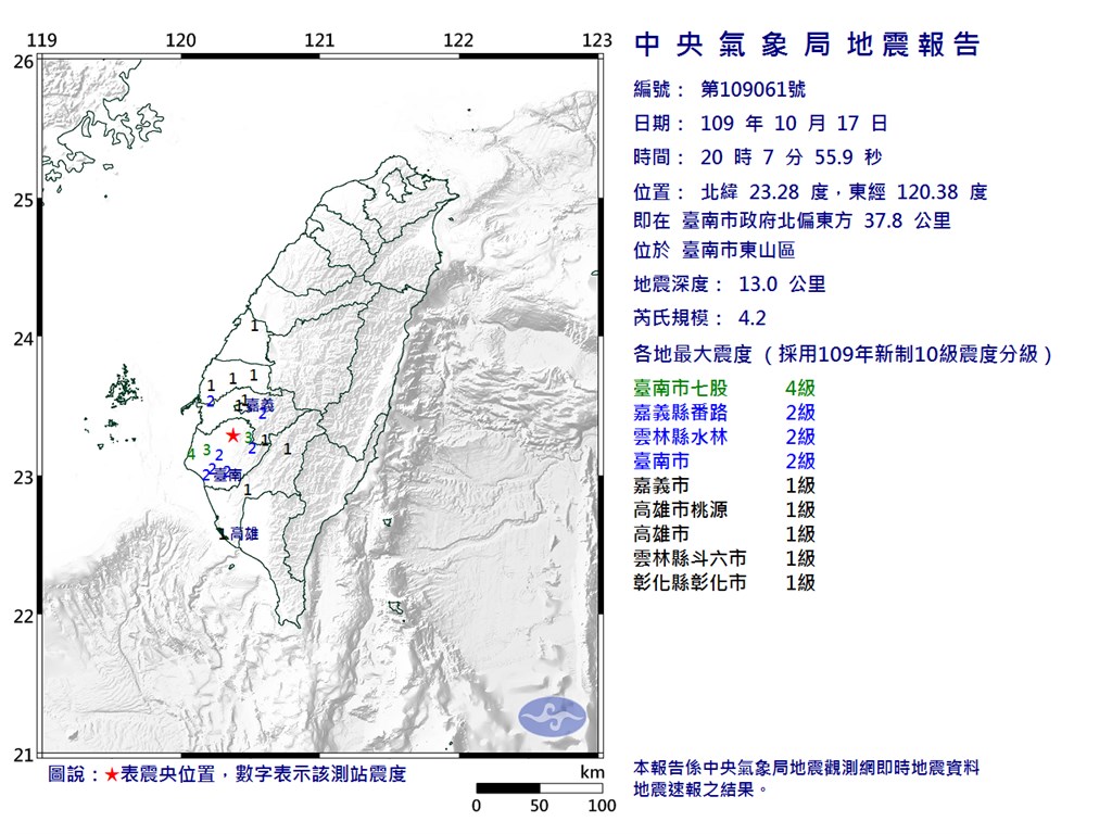 台南市東山區17日晚間8時7分發生芮氏規模4.2地震。(圖取自中央氣象局網頁cwb.gov.tw)