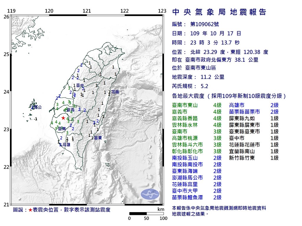 台南市東山區17日晚間11時3分發生規模5.2地震,最大震度台南市、嘉義市、嘉義縣、雲林縣4級。(圖取自氣象局網頁www.cwb.gov.tw)