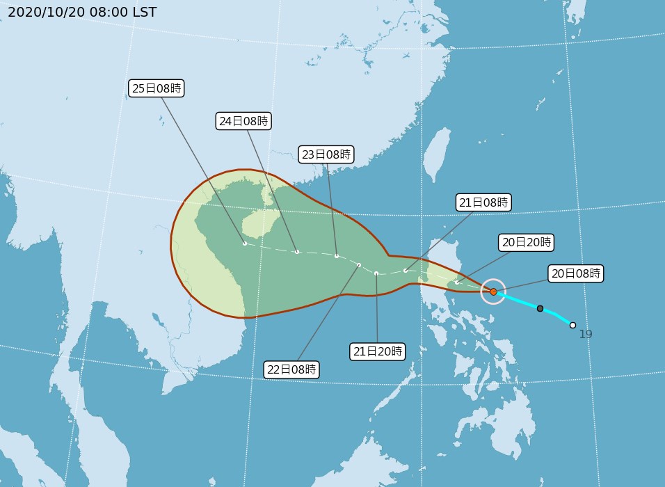 颱風沙德爾20日形成,氣象局預估強度不排除達中颱等級;降雨最大區域會落在基隆北海岸、宜蘭、花蓮等地。(圖取自中央氣象局網頁cwb.gov.tw)