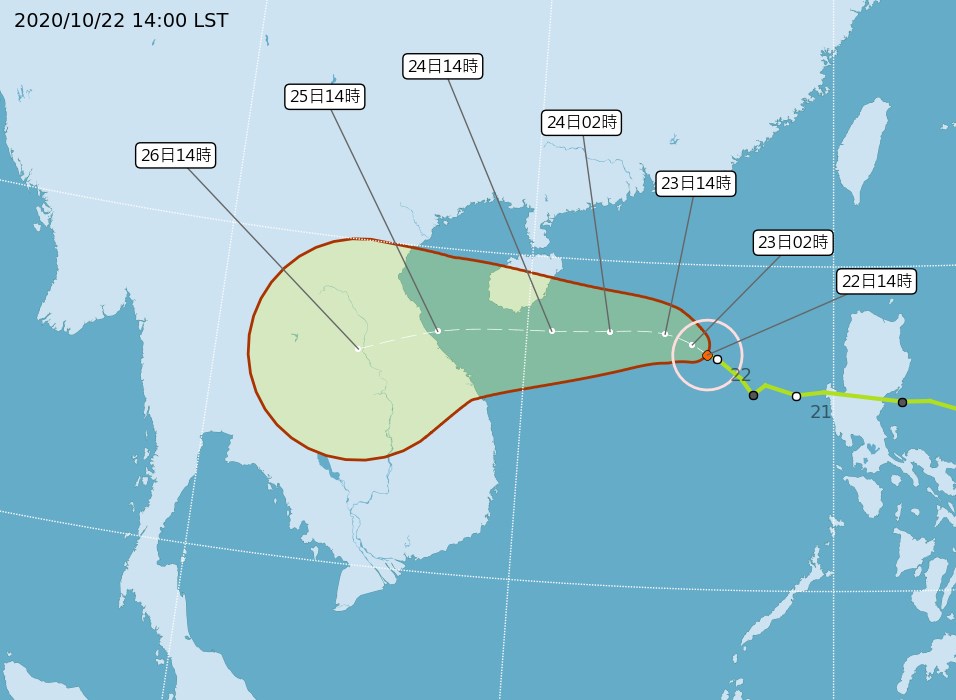 颱風沙德爾已達中颱等級,22日下午2時的中心位置在北緯17.2度,東經115.9度,以每小時5公里速度,向西北西進行。(圖取自中央氣象局網頁cwb.gov.tw)