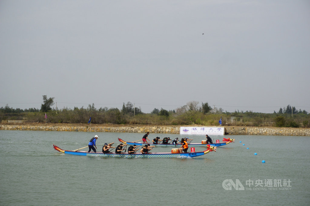銘傳大學金門海上樂園2020第2屆國際龍舟邀請賽24日熱鬧登場,參賽隊伍宣誓後,隨即展開4小時密集賽程,各隊全力以赴,力拚佳績。中央社記者黃慧敏攝 109年10月24日
