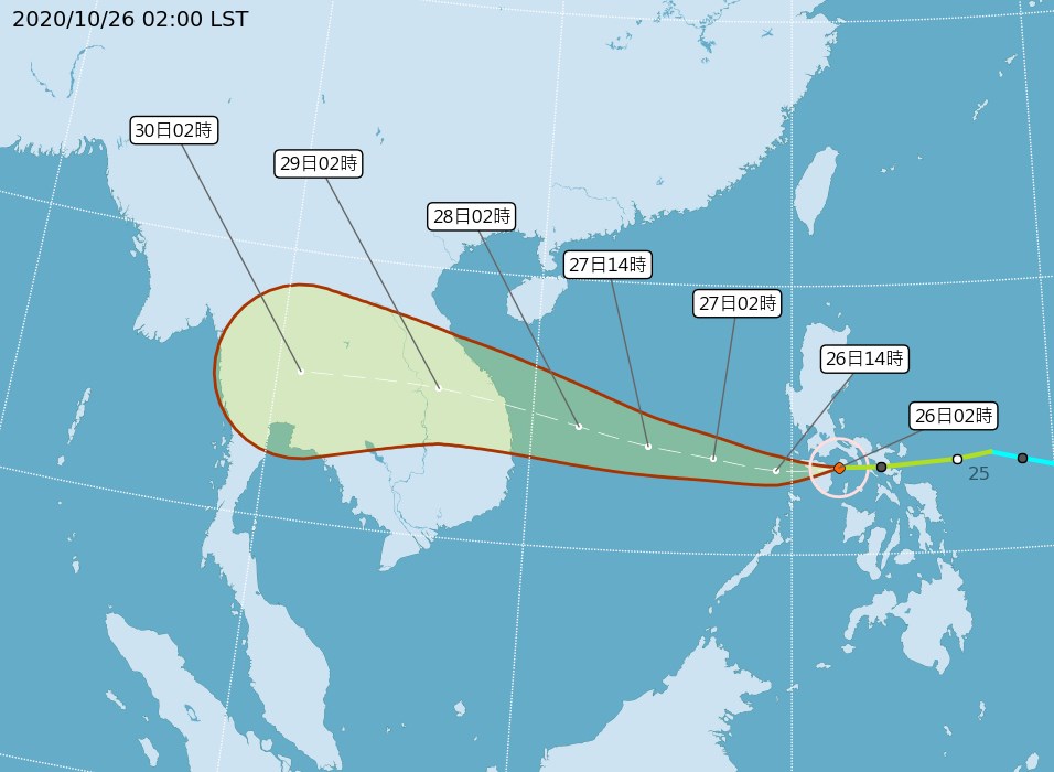 中央氣象局26日凌晨2時路徑潛勢預測圖顯示,第18號颱風莫拉菲在菲律賓中部,即將進入南海。(圖取自中央氣象局網頁cwb.gov.tw)