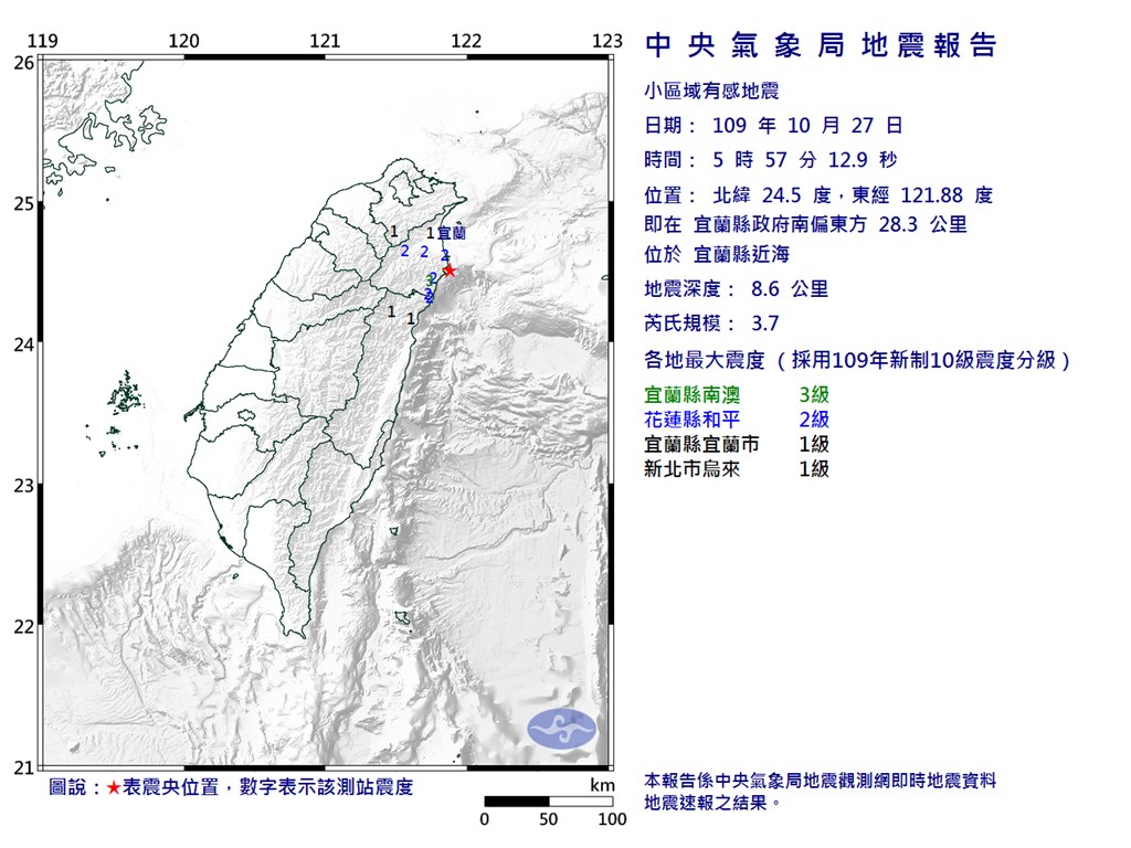 根據中央氣象局資訊,27日5時57分宜蘭近海發生芮氏規模3.7地震。(圖取自中央氣象局網頁cwb.gov.tw)
