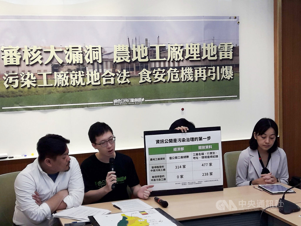 綠色公民行動聯盟與民進黨立委洪申翰(左1)、時代力量立委王婉諭(右1)28日在立法院召開記者會,質疑農地工廠污染治理不透明,要求經濟部將環境污染納入審核要件,並公開中高污染工廠名單。中央社記者范正祥攝 109年10月28日