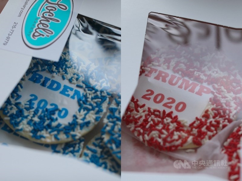 賓州蘿修烘培坊（Lochel's Bakery）近日推出2020年美國大選「候選人餅乾」，引發支持者搶購。目前民主黨總統候選人拜登版餅乾（左）銷售約3000片，遠低川普版（右）的1萬3000片。中央社記者徐薇婷賓州攝　109年10月28日