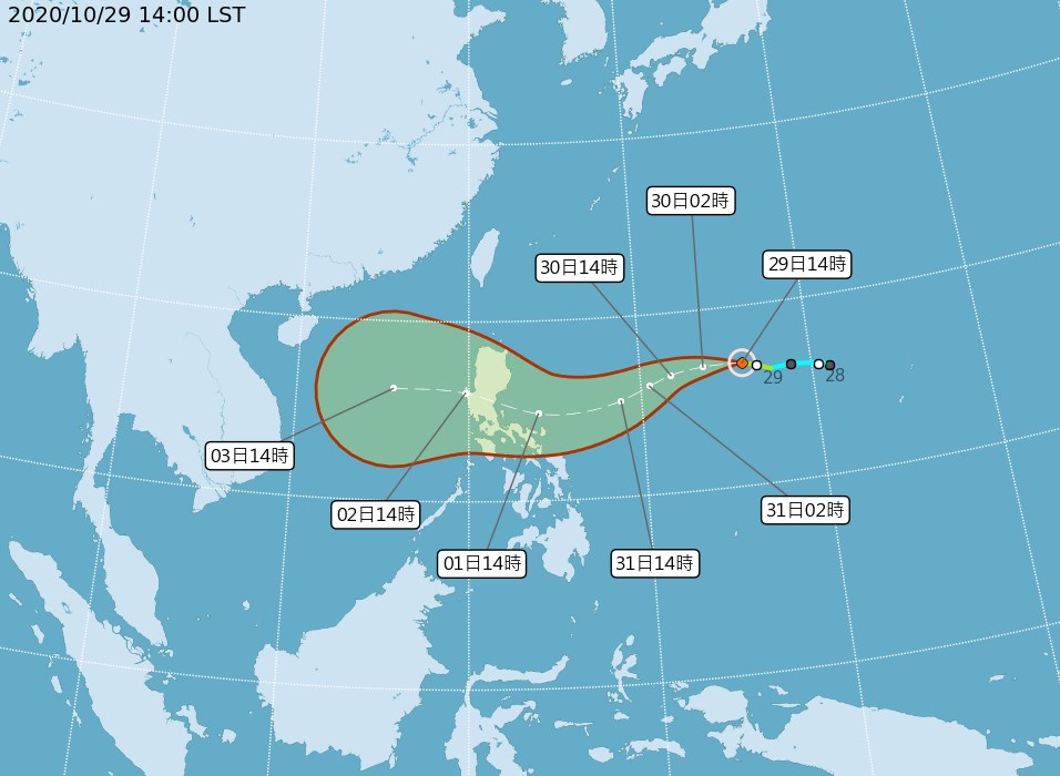 氣象局29日表示,輕颱天鵝持續向西移動,將穿過呂宋島往南海前進,預估對台灣沒直接影響。(圖取自中央氣象局網頁cwb.gov.tw)