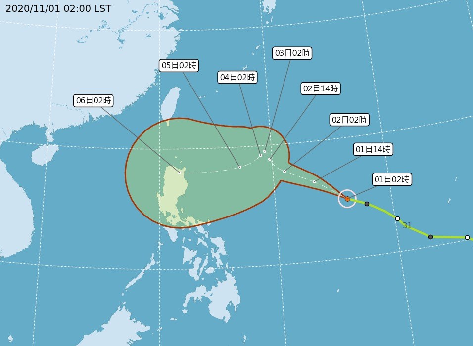 氣象局觀測,颱風閃電1日清晨2時位置,在鵝鑾鼻東南東方約1810公里海面上,持續朝西北西方向移動,未來路徑及強度不確定性仍大。(圖取自中央氣象局網頁cwb.gov.tw)