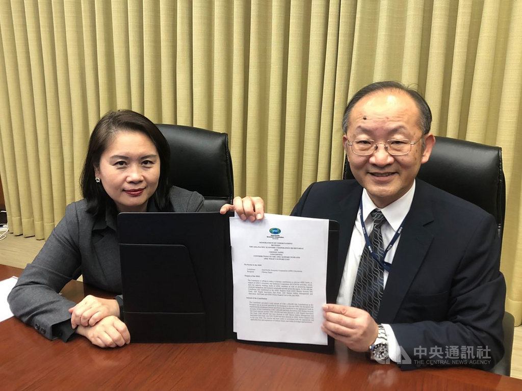 台灣APEC資深官員陳龍錦(右)4日與APEC秘書處簽署備忘錄,確認台灣今年共捐款150萬美元,協助推動APEC經濟與技術合作計畫。(外交部提供)中央社記者侯姿瑩新加坡傳真 109年11月4日