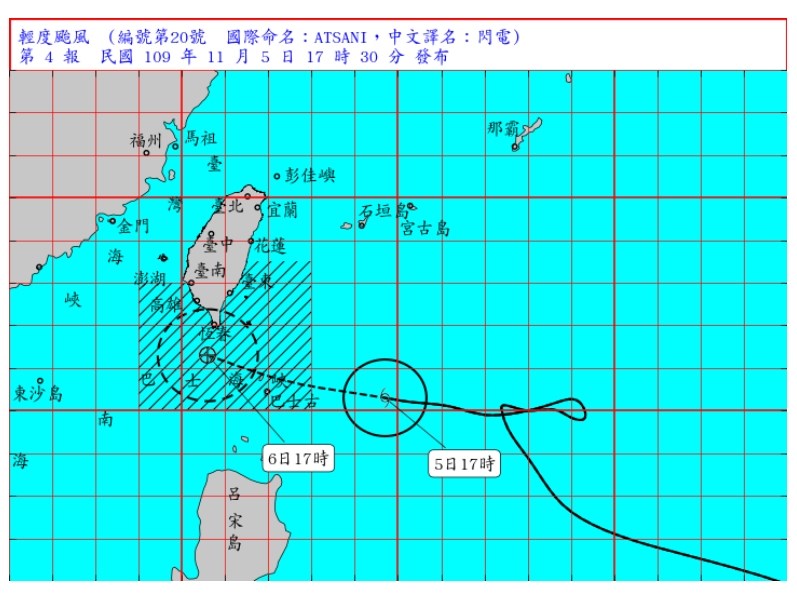 氣象局表示，若輕度颱風閃電路徑沒有改變，5日晚間8時30分會發布陸上颱風警報，主要影響地區包含恆春半島、台東等。（圖取自中央氣象局網頁cwb.gov.tw）