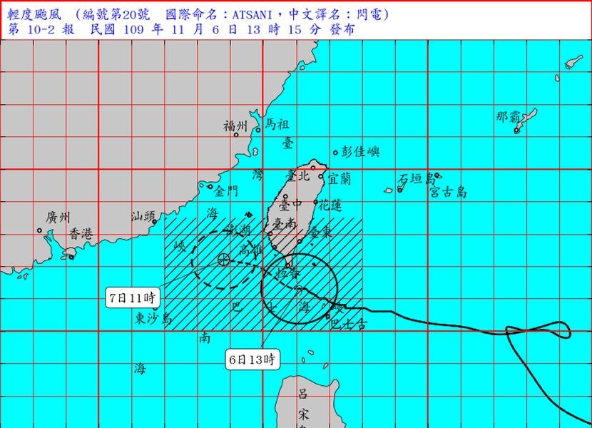 受颱風閃電影響，台東縣政府表示，金峰鄉、大武鄉、達仁鄉6日下午3時停止上班、停止上課。（圖取自中央氣象局網頁cwb.gov.tw）