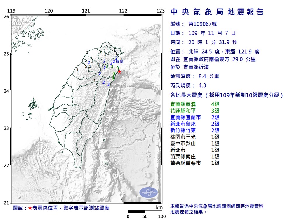 根據中央氣象局最新資訊,宜蘭7日晚間8時1分發生芮氏規模4.3地震。(圖取自中央氣象局網頁cwb.gov.tw)