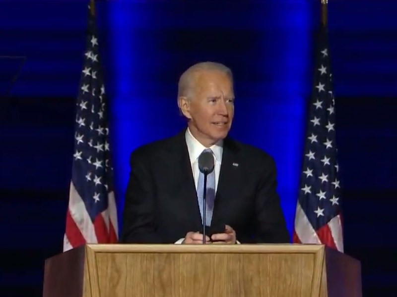 拜登7日晚間在德拉瓦州向全國發表勝利演說。(圖取自twitter.com/JoeBiden)