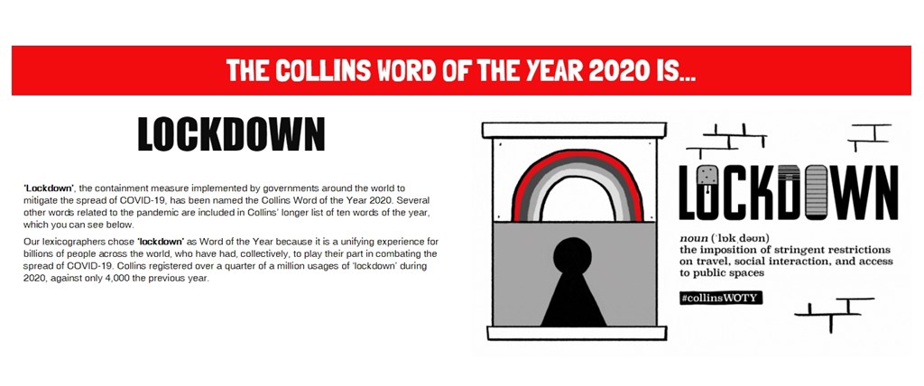 英國柯林斯字典10日公布2020年度代表字,「封鎖」(lockdown)一字雀屏中選。(圖取自collinsdictionary.com)