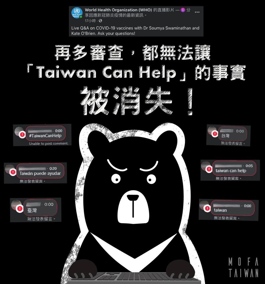 世界衛生組織(WHO)臉書粉絲團近日大量封鎖提及Taiwan的留言。外交部長吳釗燮12日指出,對WHO秘書處的作法非常不滿、遺憾,已透過管道提出抗議。(圖取自facebook.com/mofa.gov.tw)