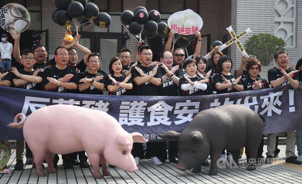 國民黨20日在立法院議場前舉行遊行前記者會。國民黨主席江啟臣(前左5)、國民黨祕書長李乾龍(前左6)、立法院黨團總召林為洲(前右)及多名黨籍立委身穿黑色T恤,呼籲全民1122共同站出來參與遊行,「反萊豬、護食安」。中央社記者張新偉攝 109年11月20日