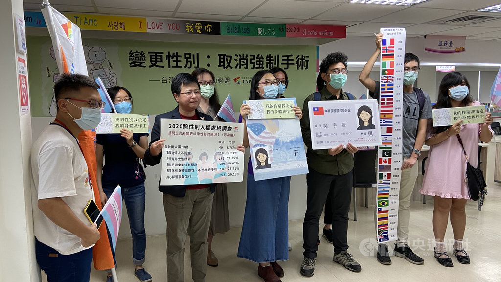 跨性別者若要變更法定性別,依據內政部函釋規定須有合格醫療機構開具的手術證明。台灣伴侶權益推動聯盟20日舉行記者會指出,此規定違反憲法基本人權,將提出司法訴訟挑戰有違憲之虞的行政命令。(伴侶盟提供)中央社記者吳欣紜傳真 109年11月20日