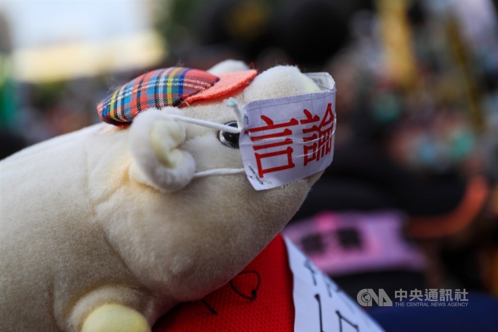 秋鬥遊行22日登場,反萊豬議題成為焦點,遊行隊伍至終點民進黨中央黨部外集結,民眾反萊豬進口也支持言論自由。中央社記者吳家昇攝 109年11月22日