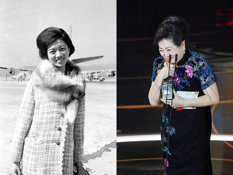第57屆金馬獎頒獎典禮21日晚間在台北國父紀念館盛大舉行,出道逾60年的資深演員陳淑芳憑「孤味」成新科影后,她感謝金馬肯定,在台上開心緊擁獎座。(左圖為中央社檔案照片;右圖為中央社記者鄭清元攝 109年11月21日)
