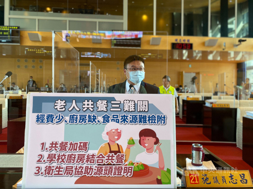民進黨籍台中市議員施志昌26日在市議會總質詢上建議,市府可將老人共餐、學校營養午餐的廚房結合,提供營養膳食。中央社記者趙麗妍攝 109年11月26日