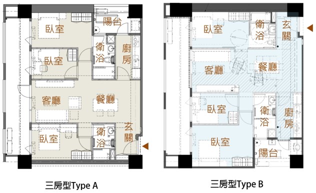 明倫社會住宅44坪(含公設)3房型每戶月租為新台幣4萬500元。圖為明倫社會住宅3房型(3房+1廳+2衛浴)空間示意圖。(圖取自台北市社會住宅招租網頁www.public-rental-housing.gov.taipei)