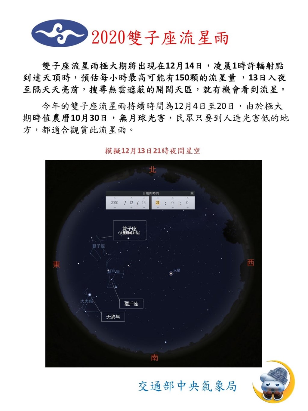 氣象局表示,2020年最後一場流星雨「雙子座流星雨」將在12月4日至20日間登場,估12月13日晚間至14日凌晨達極大期,全台各地雲量少的天空有機會見到。(圖取自facebook.com/CWBAO.TW)