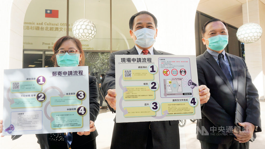駐洛杉磯台北經濟文化辦事處長黃敏境(中)、副處長林暉程(右)1日向媒體說明「領務網路預約及登錄查詢系統」。中央社記者林宏翰洛杉磯攝 109年12月2日