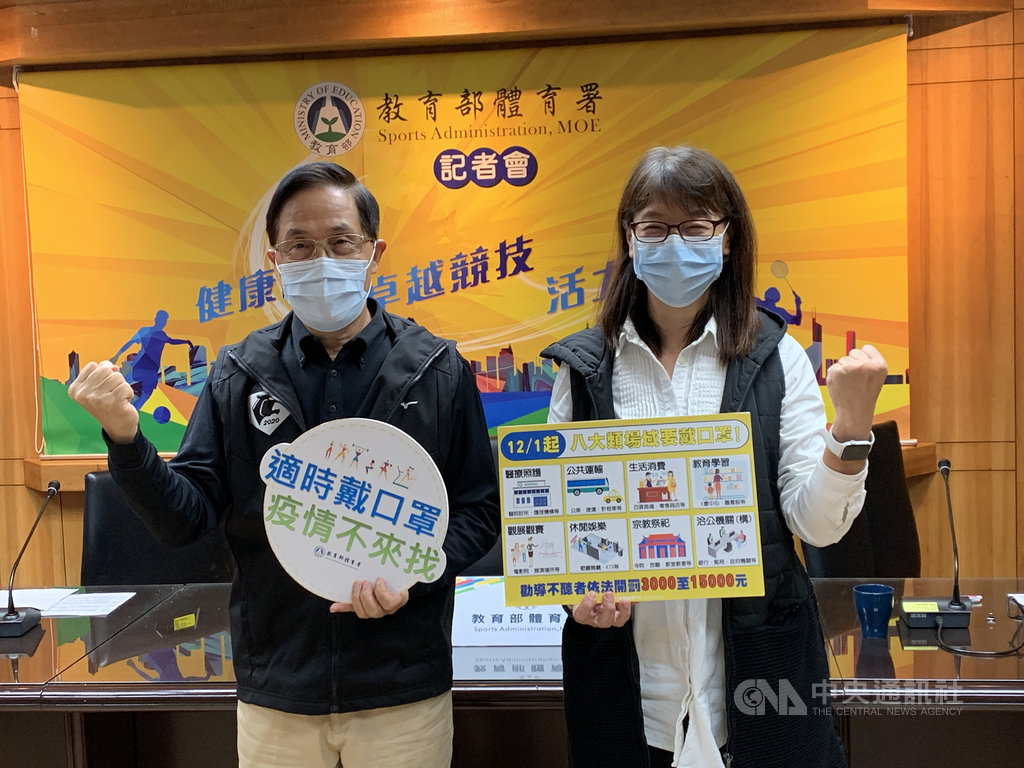 體育署副署長王水文(左)與運動設施組組長許馨文(右)一起宣導秋冬防疫專案,未來民眾進入室內場館都需全程戴口罩,就連籃球賽除場上球員外,場邊板凳席的球員、教練都需要戴上口罩。中央社記者龍柏安攝 109年12月3日