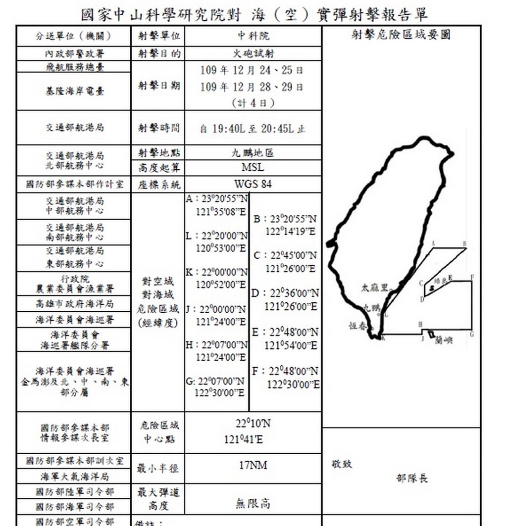 中科院東部海域月底試射飛彈籲船隻勿入危險區 政治 中央社cna