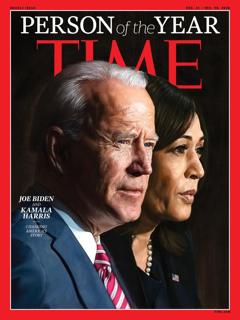 時代雜誌10日宣布，2020年度風雲人物為美國總統當選人拜登（左）和副手賀錦麗（右）。（圖取自twitter.com/TIME）