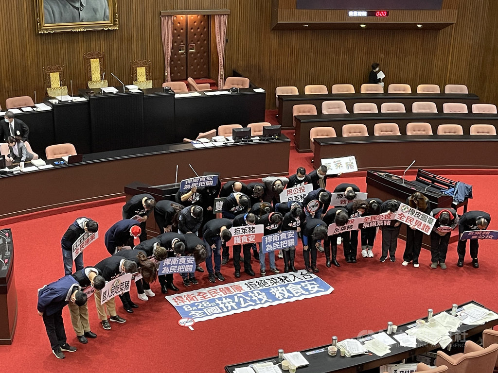 民國110年1月起台灣將開放進口含萊克多巴胺美豬進口,立法院會24日處理動物用藥殘留標準等案,雖然在野黨團提案不予備查,但表決時民進黨團具人數優勢,行政命令仍准予備查,豬肉萊劑殘值標準元旦起施行。國民黨團晚間為阻擋萊豬各項行政命令闖關失利,集體鞠躬道歉。中央社記者王飛華攝 109日12月24日