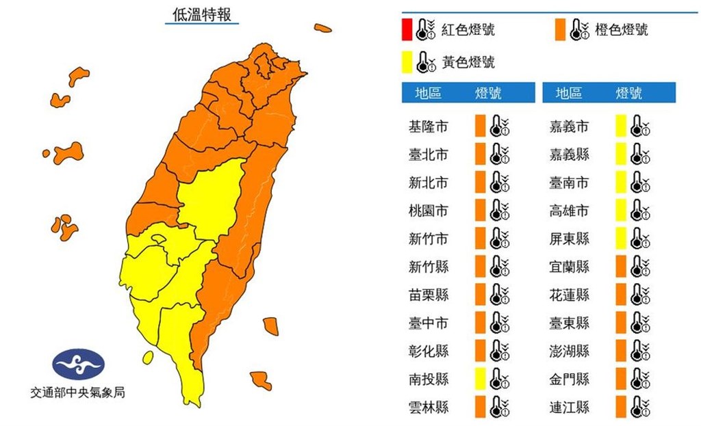 The Central Meteorological Office issued low temperature orange lights on the 28th for 16 counties and cities.  (The image is taken from the Central Meteorological Office website cwb.gov.tw)