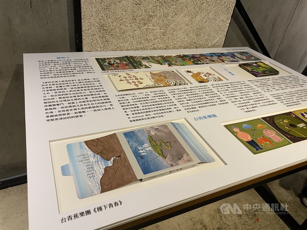 「台灣現代唱片印刷展-那些用漫/插畫表現的獨立音樂」展覽3日起登場,展出許多經典台灣獨立樂團的唱片設計。圖為「交工樂團」、「台青蕉樂團」展區。中央社記者陳秉弘攝 110年1月3日