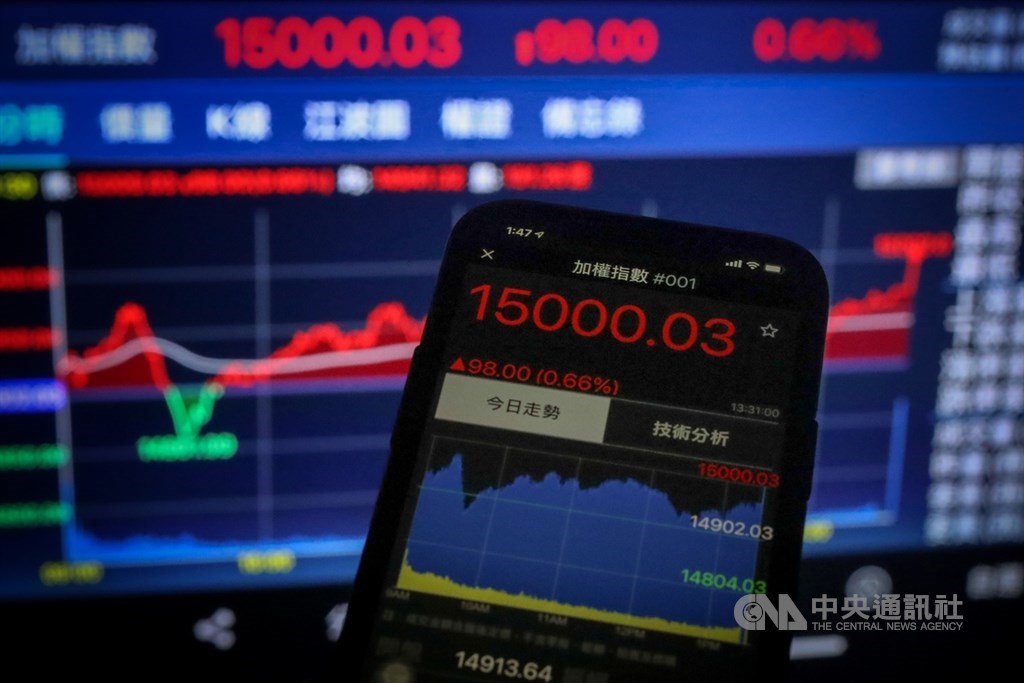 開年報喜股匯市爆量大漲。台股終場站上萬五大關,以15000.03點作收,再創歷史新高。中央社記者裴禛攝 110年1月5日