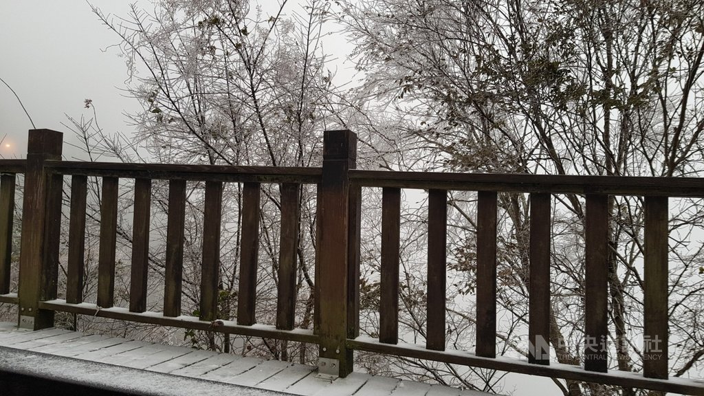 新竹縣尖石鄉8日陸續有降雪情形,步道覆蓋白雪,宛如置身在銀白世界。(新竹縣政府提供)中央社記者郭宣彣傳真 110年1月8日